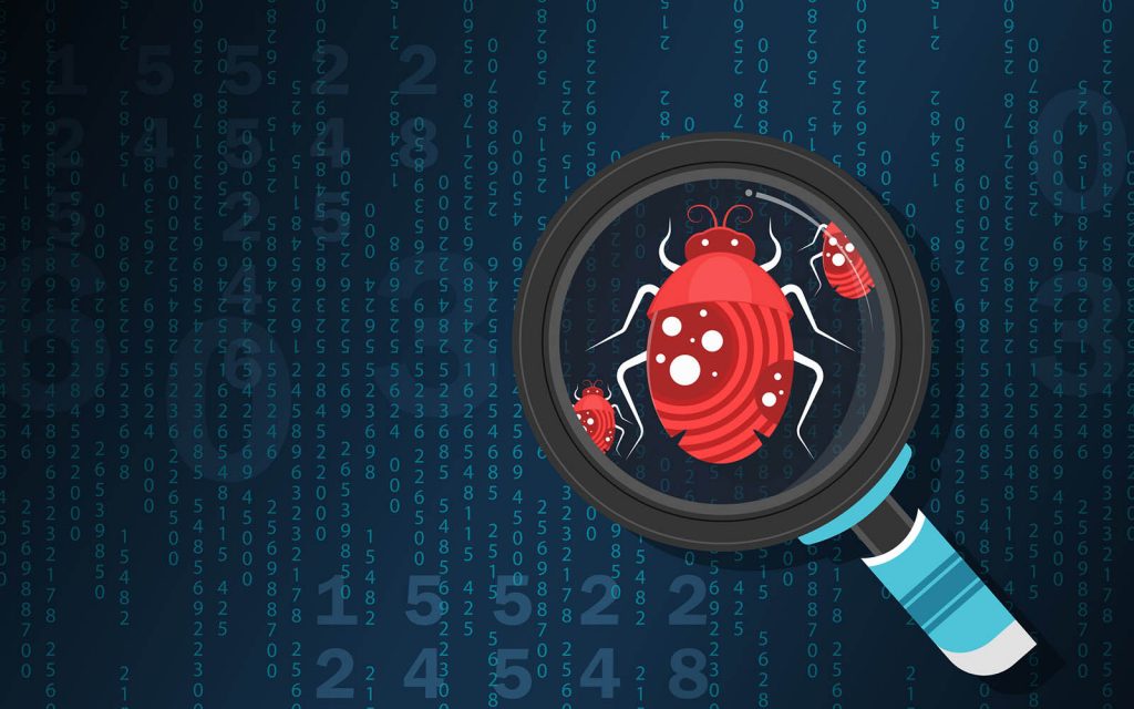 Magnifier searching malware bug. Computer internet error virus concept.